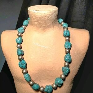 Vintage Southwestern Style Turquoise and Sterling Silver Navajo Pearl Necklace